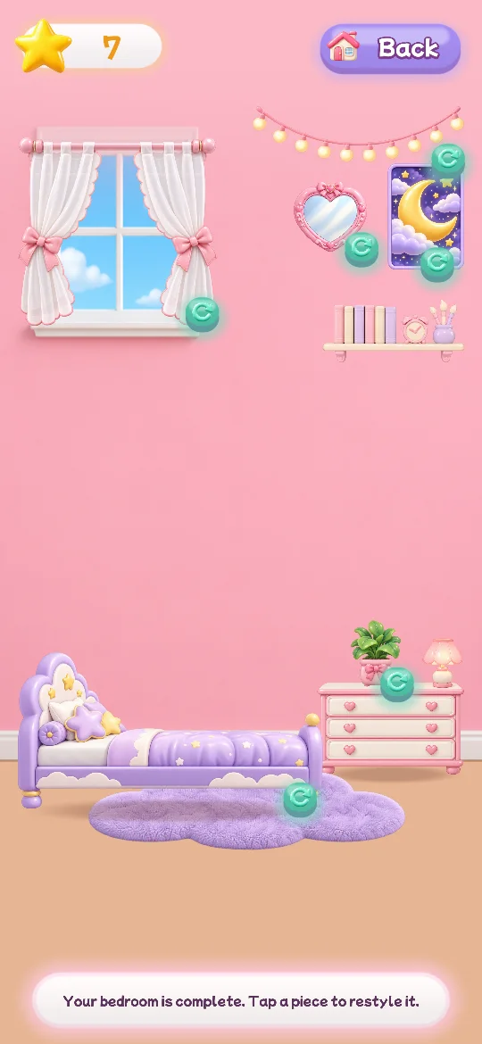 The bedroom, fully decorated